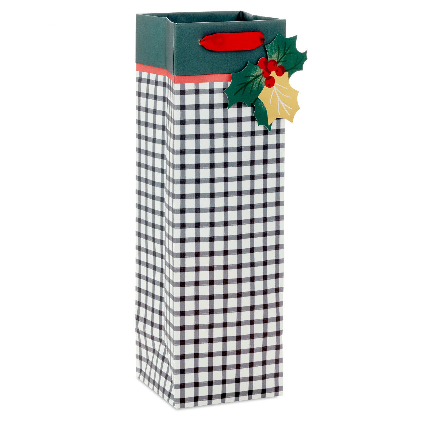 13" Black and White Check Holiday Wine Gift Bag