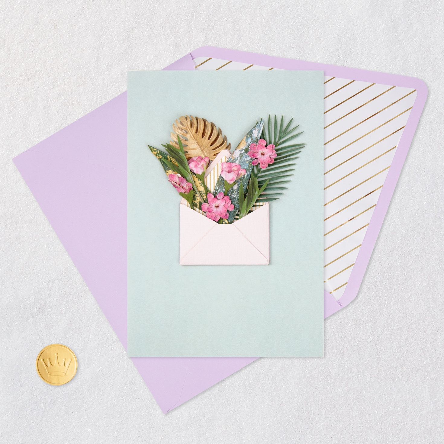 Palm and Monstera Leaves with Purple Flowers Blank Card Card Front with Envelope and Gold Seal image number 4