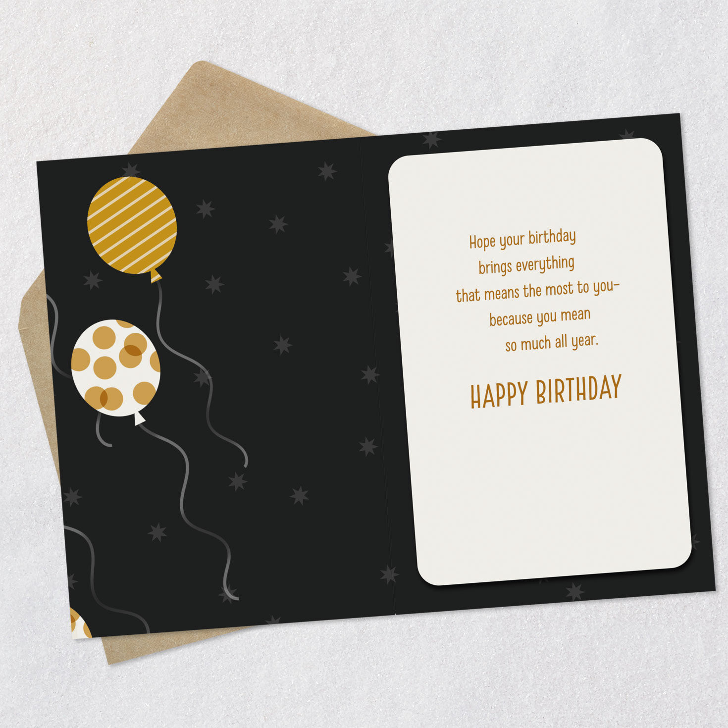 Black and Gold Balloons Happy Birthday Card Open card with envelope image number 3