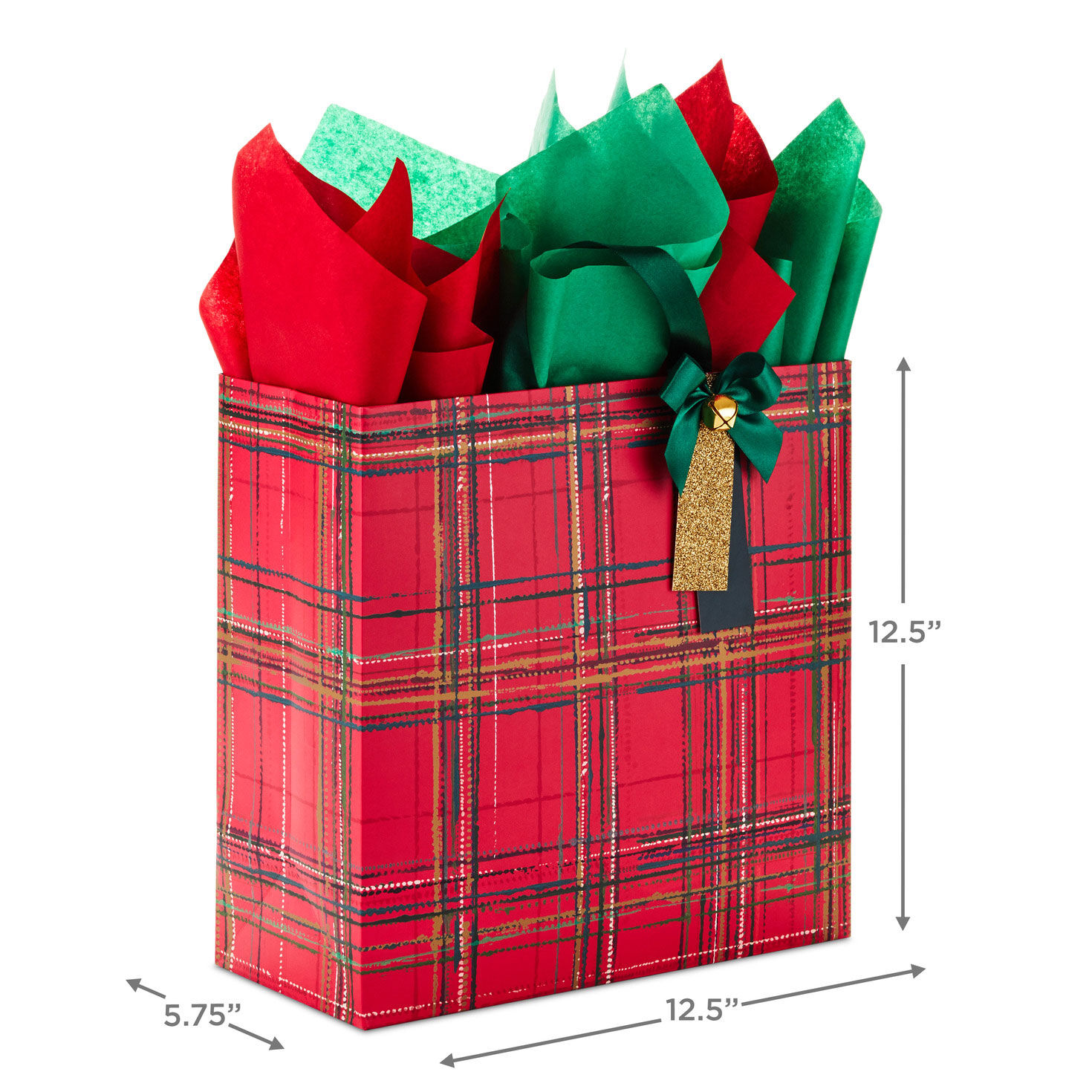 12.5" Red Plaid With Bell Extra-Large Christmas Gift Bag With Tissue Paper for only USD 11.99 | Hallmark