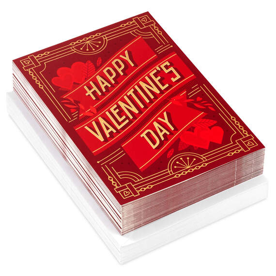 Red Art Deco Valentine's Day Cards, Pack of 40