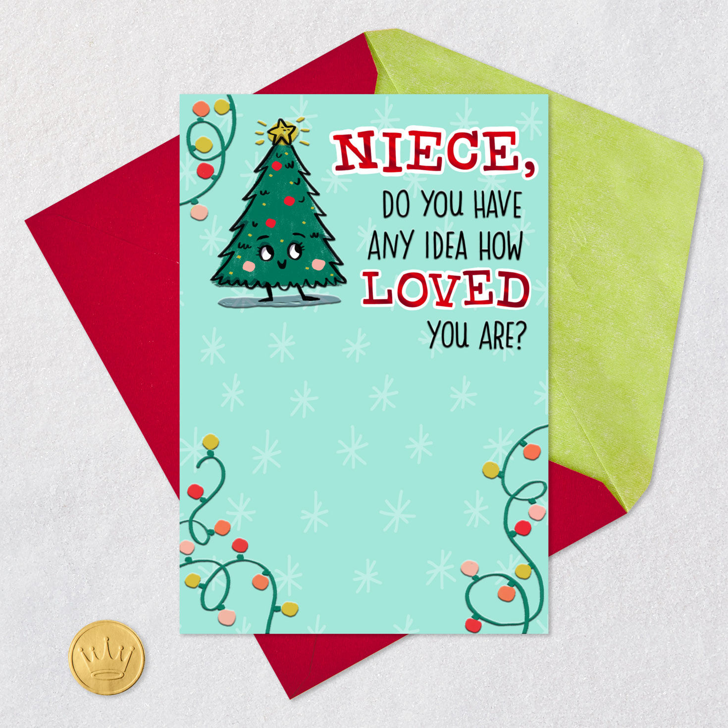 Lights and Tree Pun Funny Christmas Card for Niece Card Front with Envelope and Gold Seal image number 4