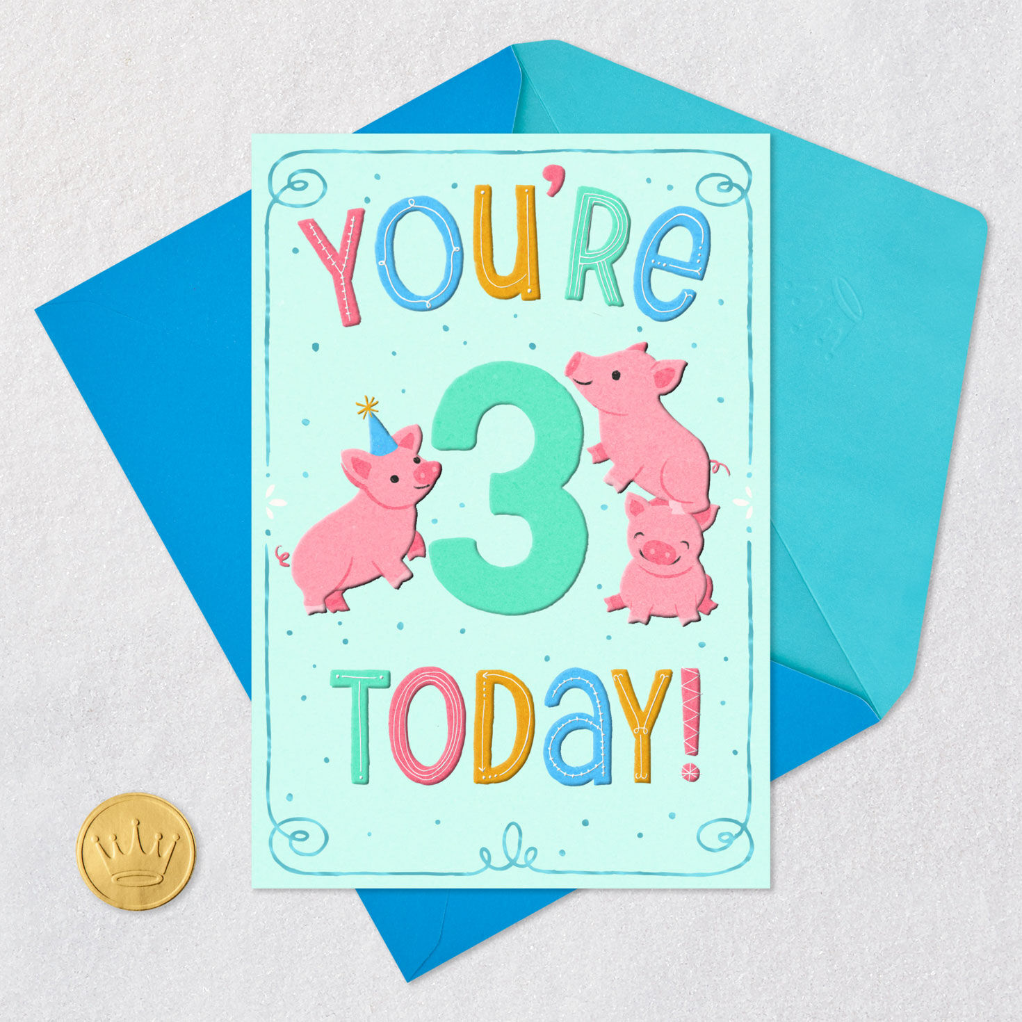 Three Pink Pigs 3rd Birthday Card for Boys Card Front with Envelope and Gold Seal image number 5