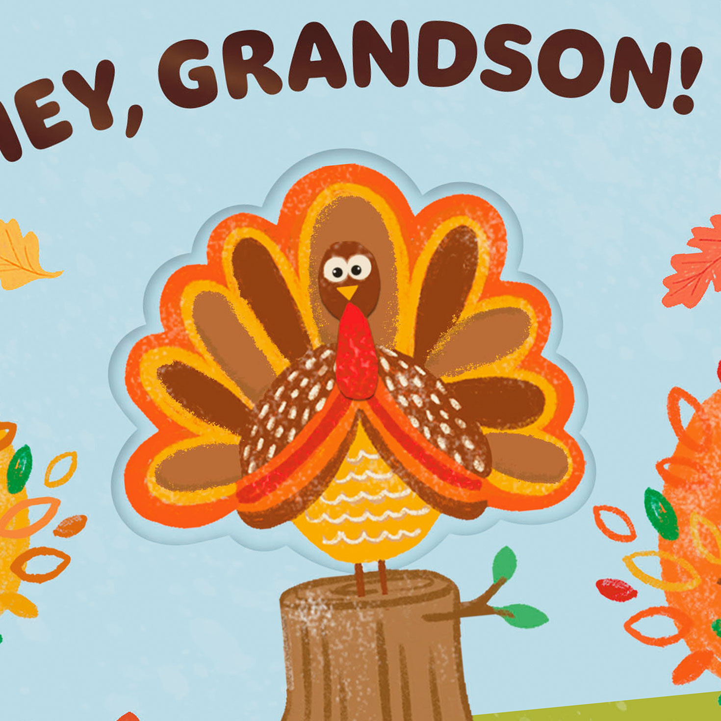 Cute Turkey and Fox Thanksgiving Card for Grandson Card Front Detail image number 4