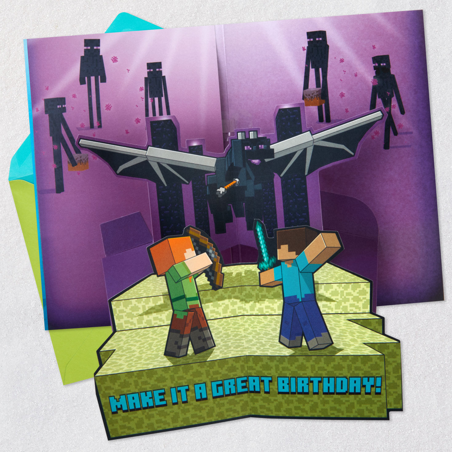 Minecraft Musical Pop-Up Birthday Card for Kids Open card with envelope image number 2