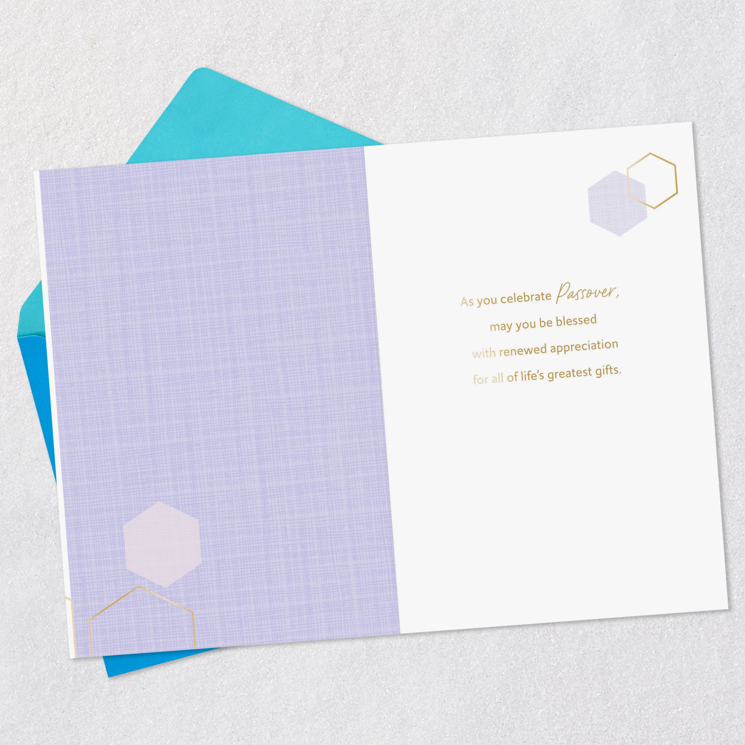 Purple Flowers and Gold Hexagons Passover Card Open card with envelope image number 3