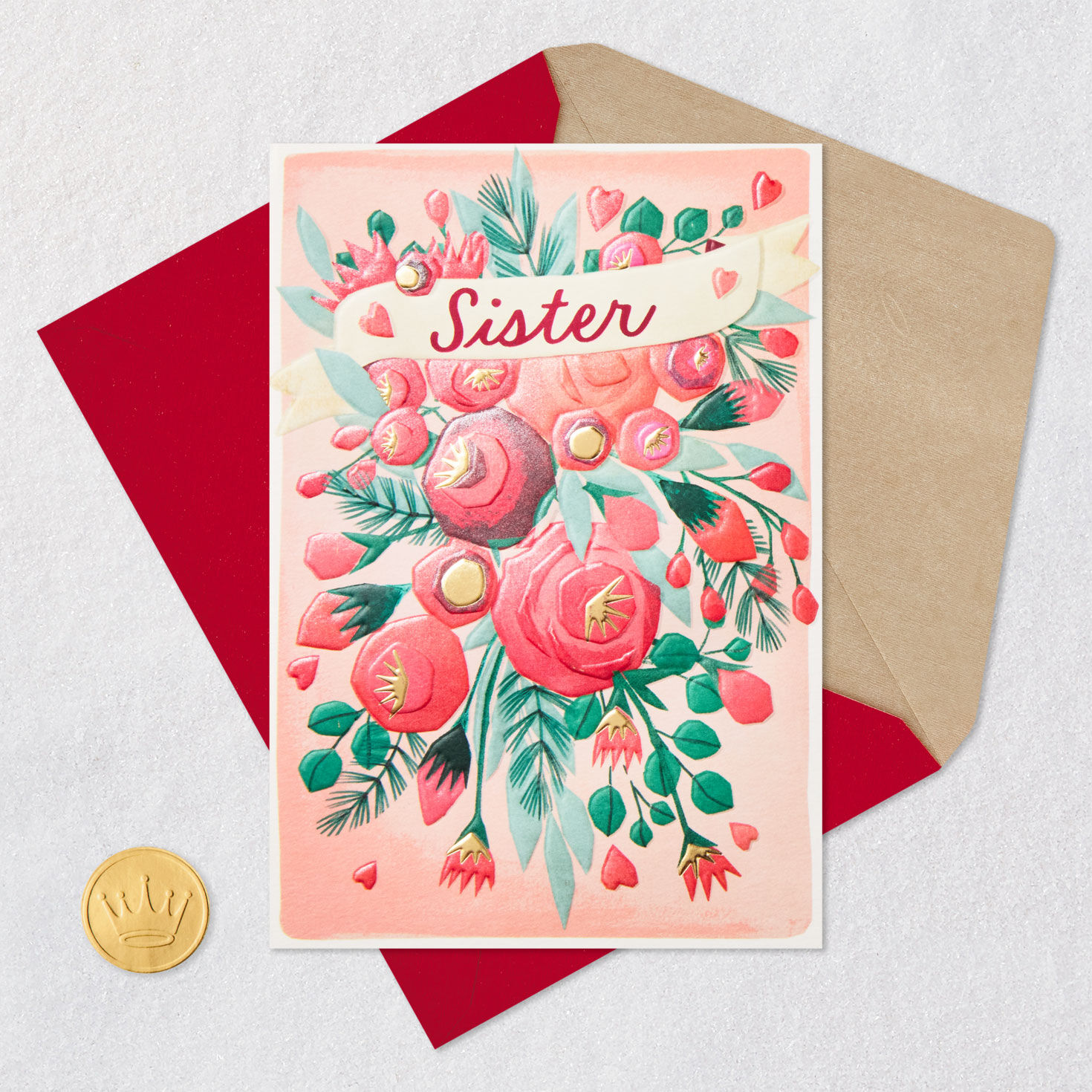 Pink Flowers and Hearts Sister Christmas Card Card Front with Envelope and Gold Seal image number 6