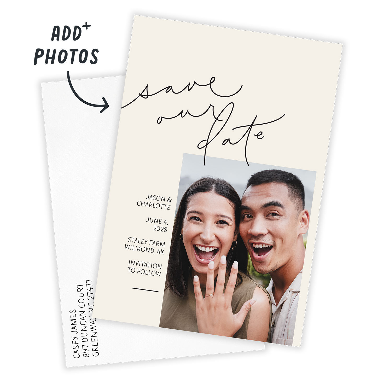 Modern Handwriting Personalized Save the Date Card Card Front indicating personalization image number 2