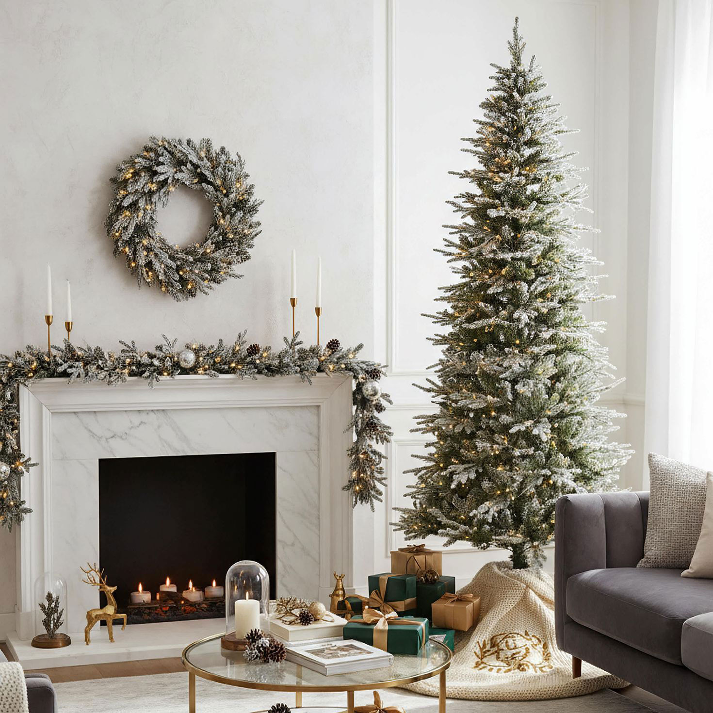 7.5 ft Pre-Lit Natural Cut Flocked Spruce Christmas Tree with 500 Warm White LED Lights and 2270 Tips in use image number 2