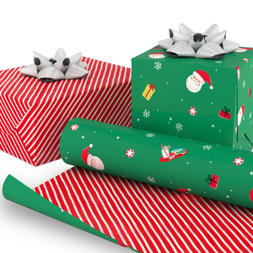 Santas on Green/Red and White Stripes Reversible Christmas Wrapping Paper, 35 sq. ft., 