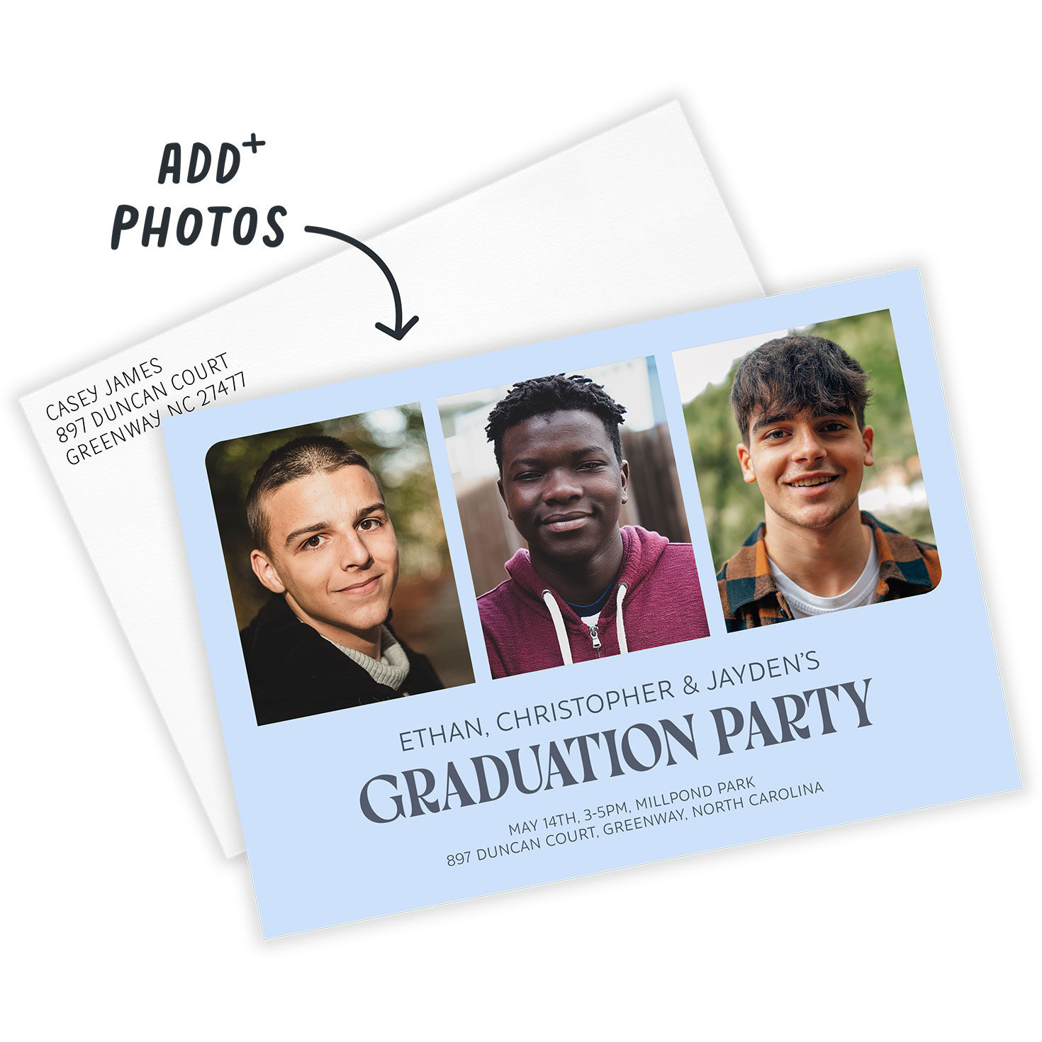 Three Photos Grad Party Invitation Card Front indicating personalization image number 2