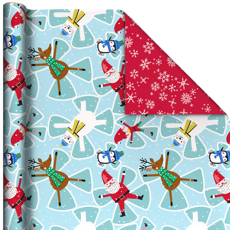 Santa Snow Angels/Snowflakes on Red Reversible Wrapping Paper Roll, 30 sq. ft.