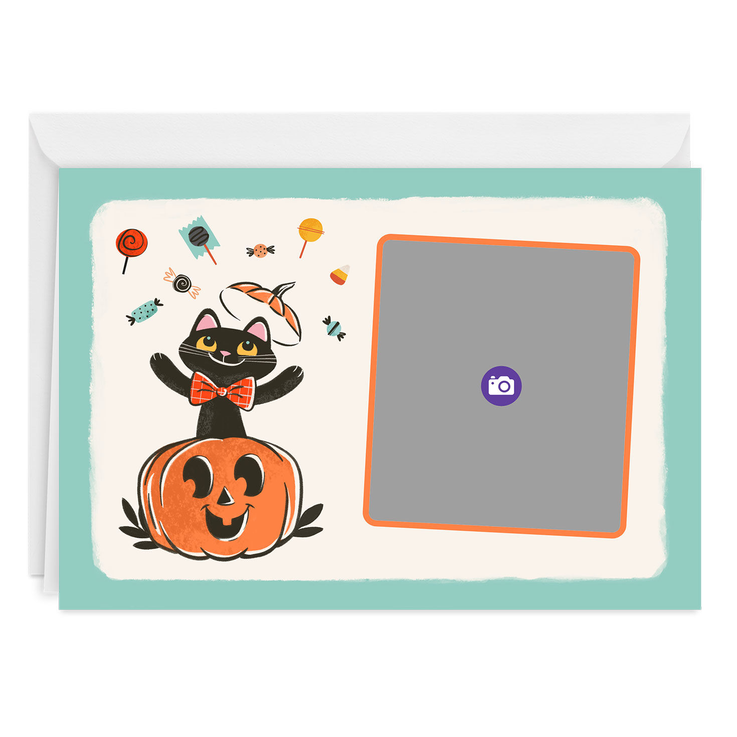 Black Cat in Pumpkin Personalized Halloween Card Card Front indicating personalization image number 3