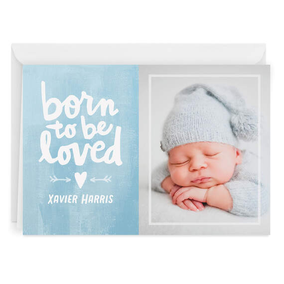 Personalized Born to Be Loved Blue New Baby Photo Card