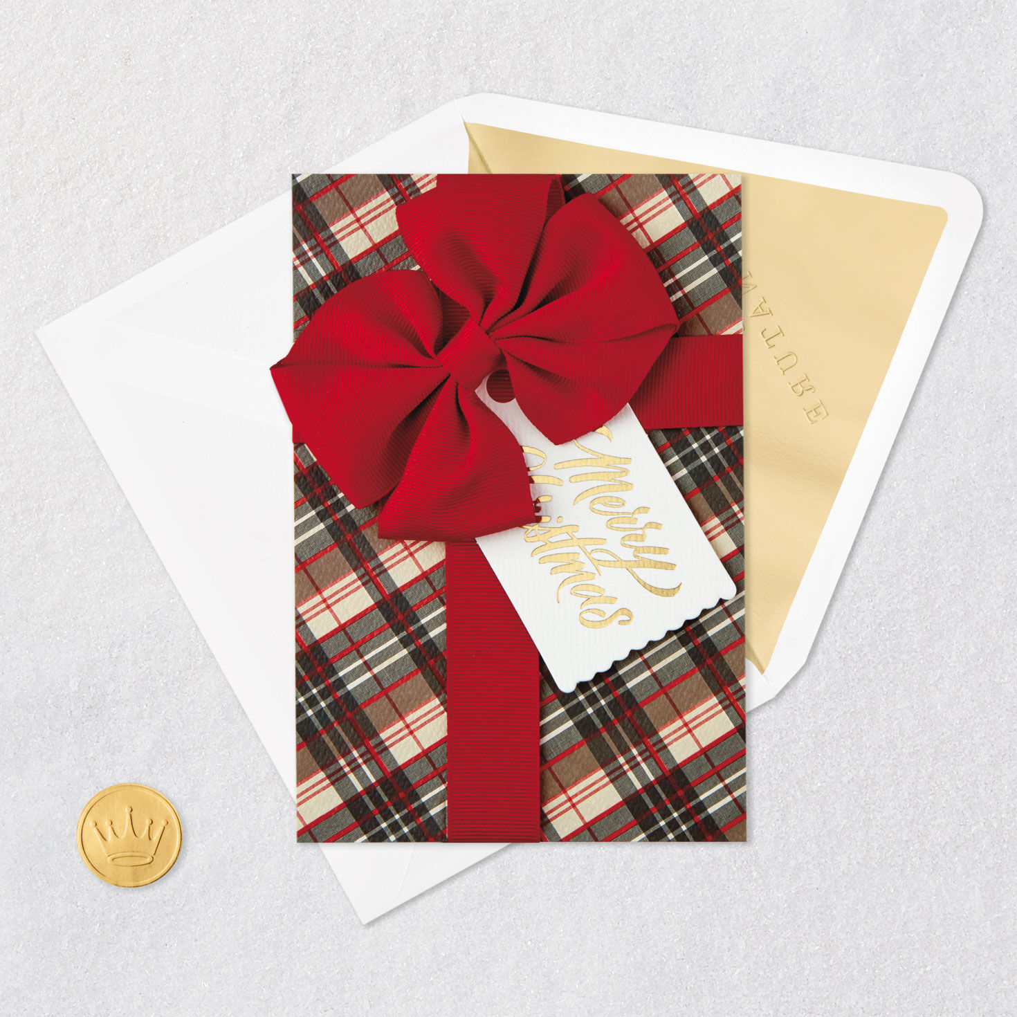 Tag on Red Plaid and Bow Christmas Card Card Front with Envelope and Gold Seal image number 5