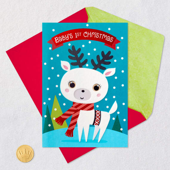 Cute White Deer in Scarf Baby's First Christmas Card, , large image number 6