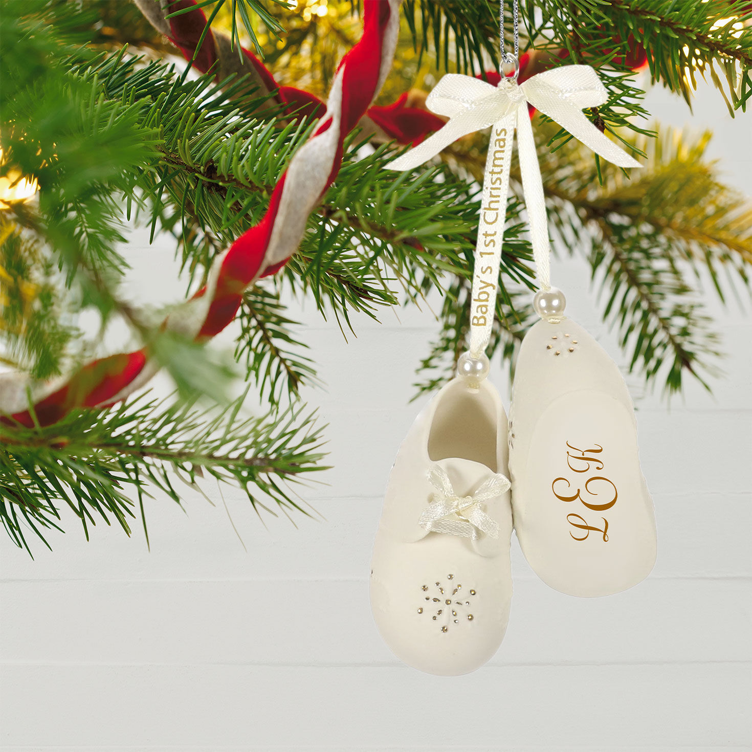 Baby&rsquo;s First Christmas Monogram Booties Porcelain Personalized Ornament, Custom Text hanging on tree image number 3