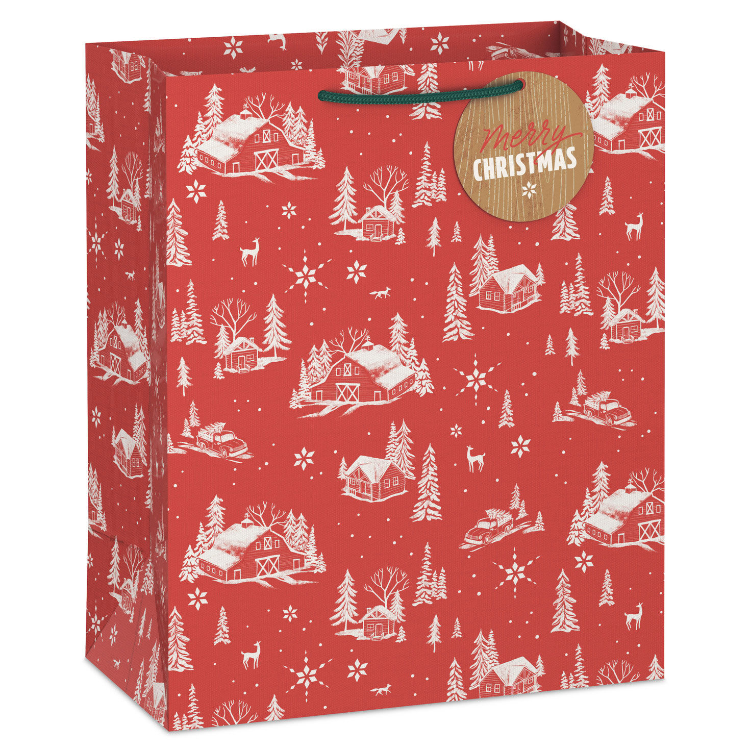 13" Snowy Barns on Red Large Christmas Gift Bag With Gift Tag