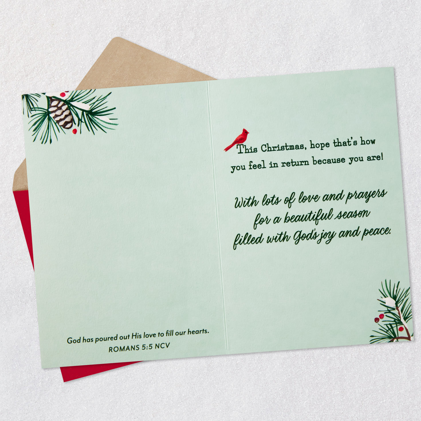 Cardinal on Evergreen Branch Religious Christmas Card Open card with envelope image number 4