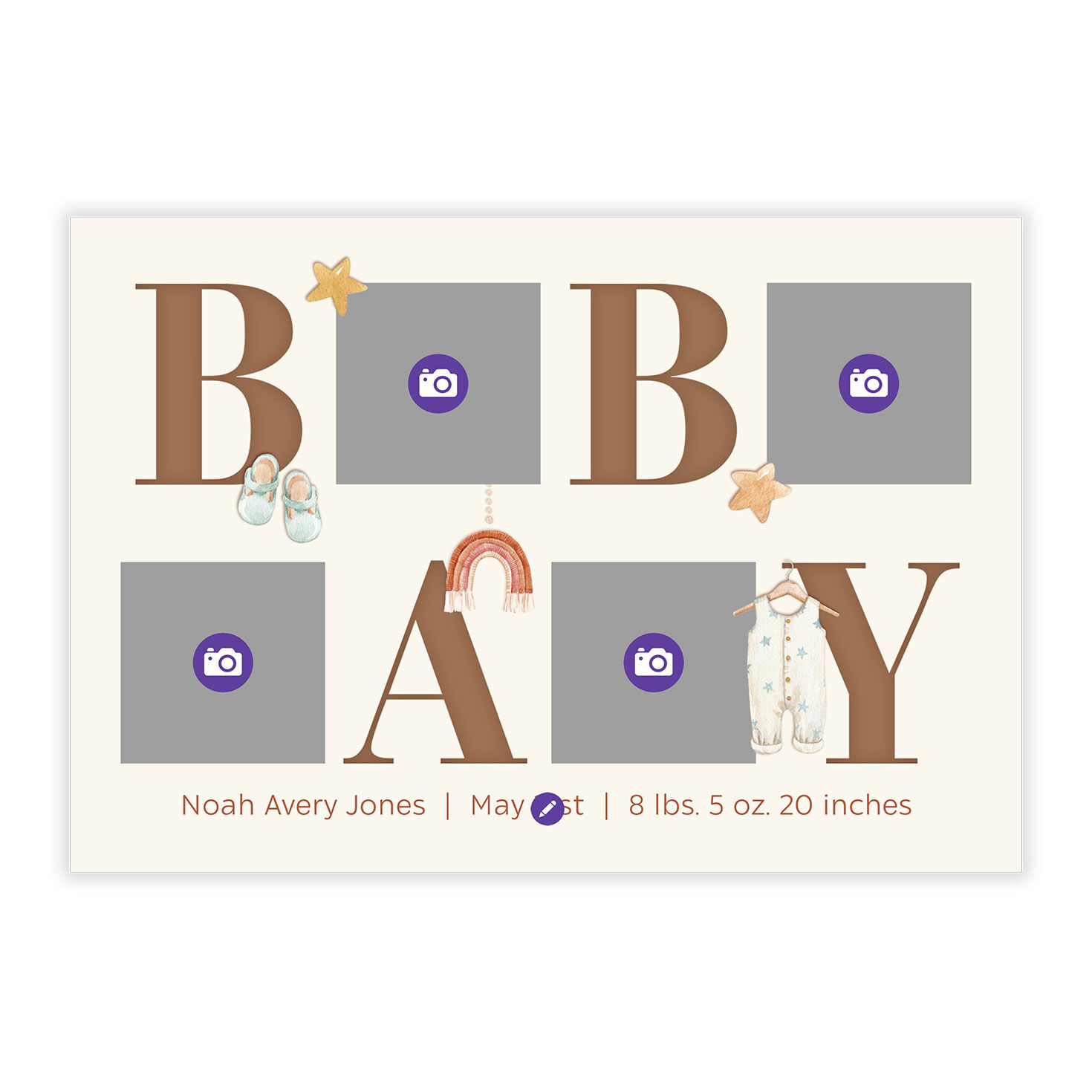 Baby and Icons Personalized Baby Announcement Card Front indicating personalization image number 5