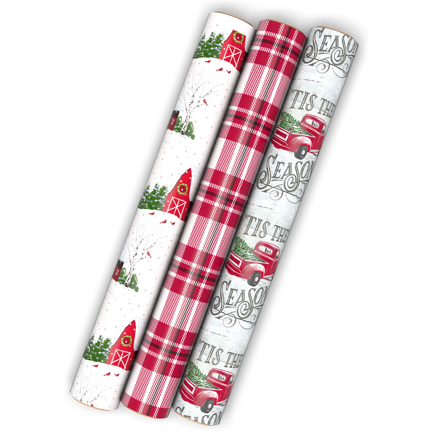Farmhouse Plaid, Red Truck 3-Pack Assorted Christmas Wrapping Paper Mini Roll Bundle, 75 sq. ft. total