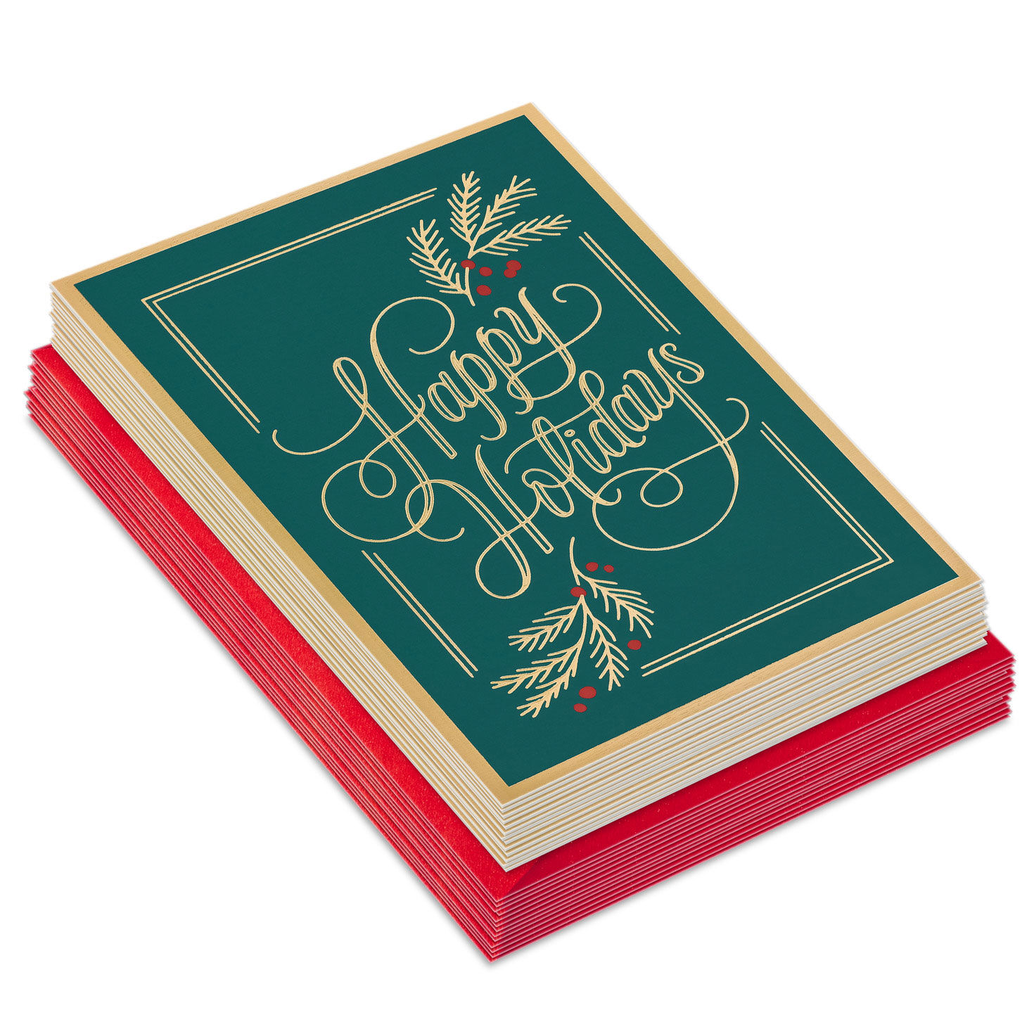 Happy Holidays Script on Green Boxed Christmas Cards, Pack of 16