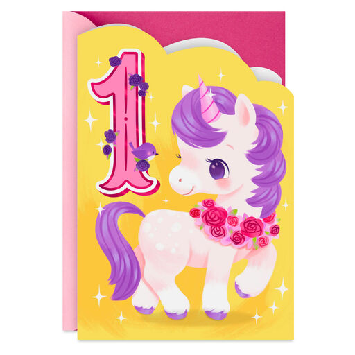 Sparkles and Rainbows Cute Unicorn First Birthday Card, 