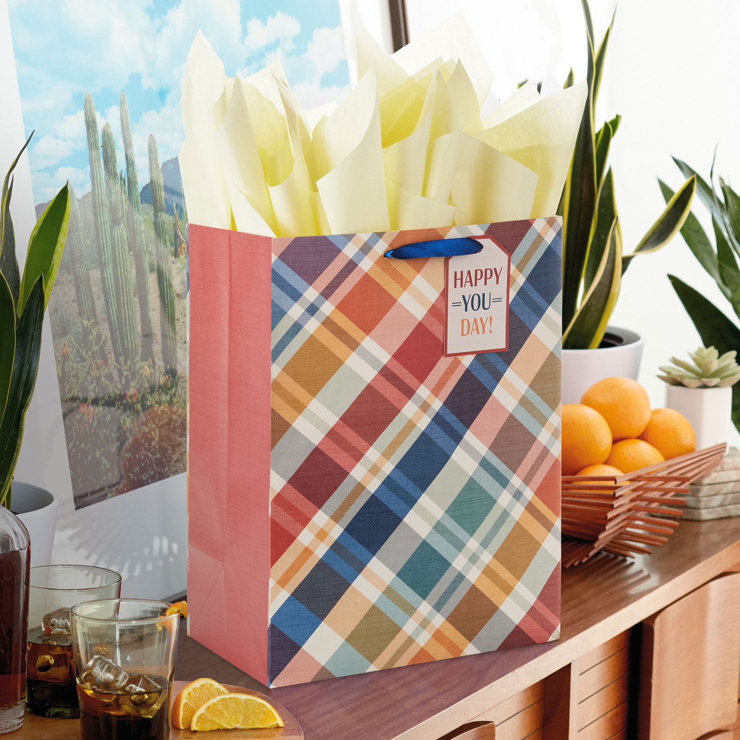 17" Brown and Blue Plaid Extra-Deep Gift Bag With Tissue Paper - Gift ...