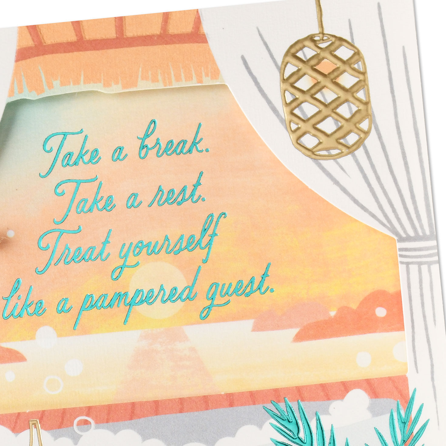 Hallmark birthday greeting card for friend features a calming tableau of a tub full of bubbles in a room with tropical plants, a table with champagne and a white cat resting on the floor. Card Front Detail image number 5