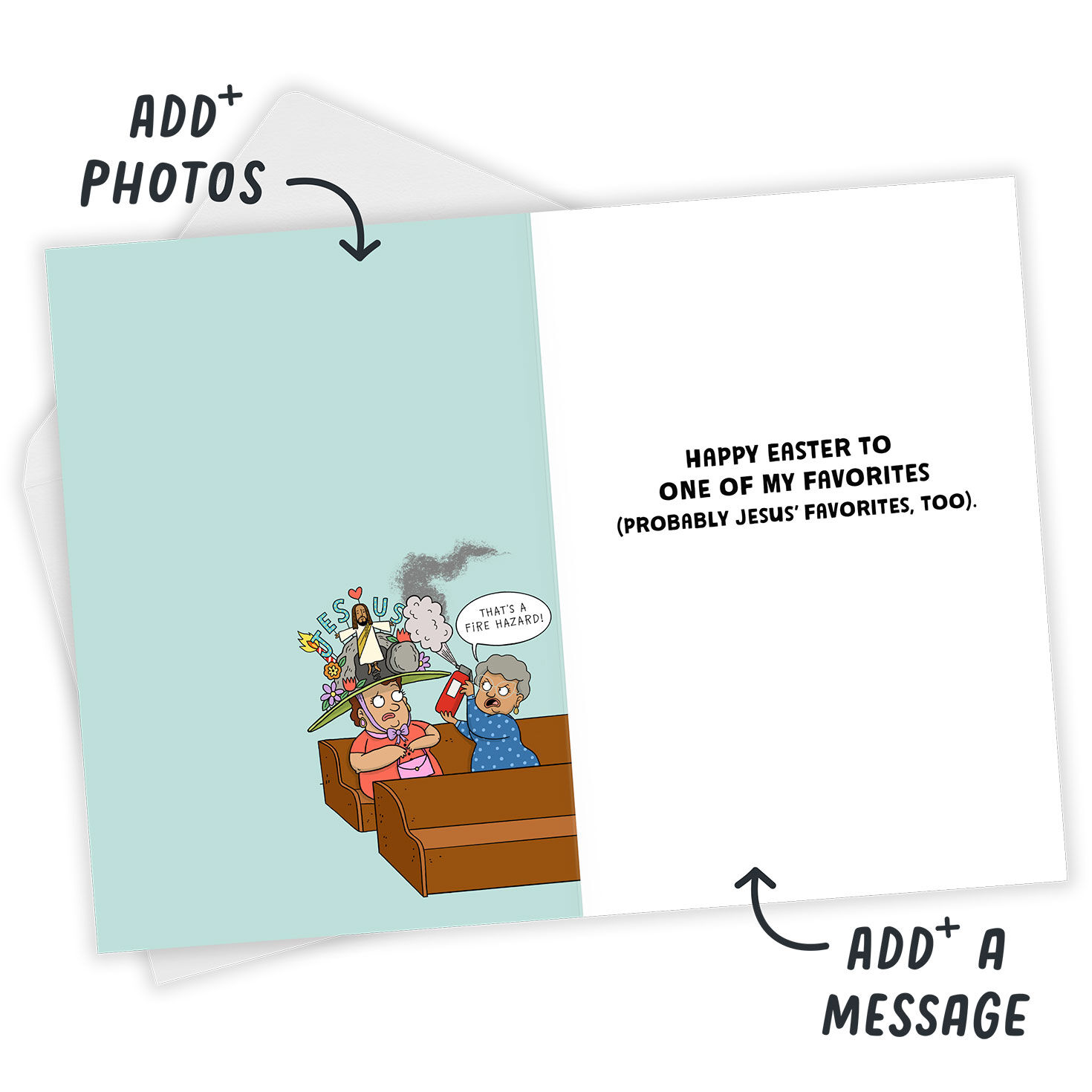 Cartoon Woman in Funny Hat Personalized Easter Card Open Card with Envelope indicating personalization image number 3