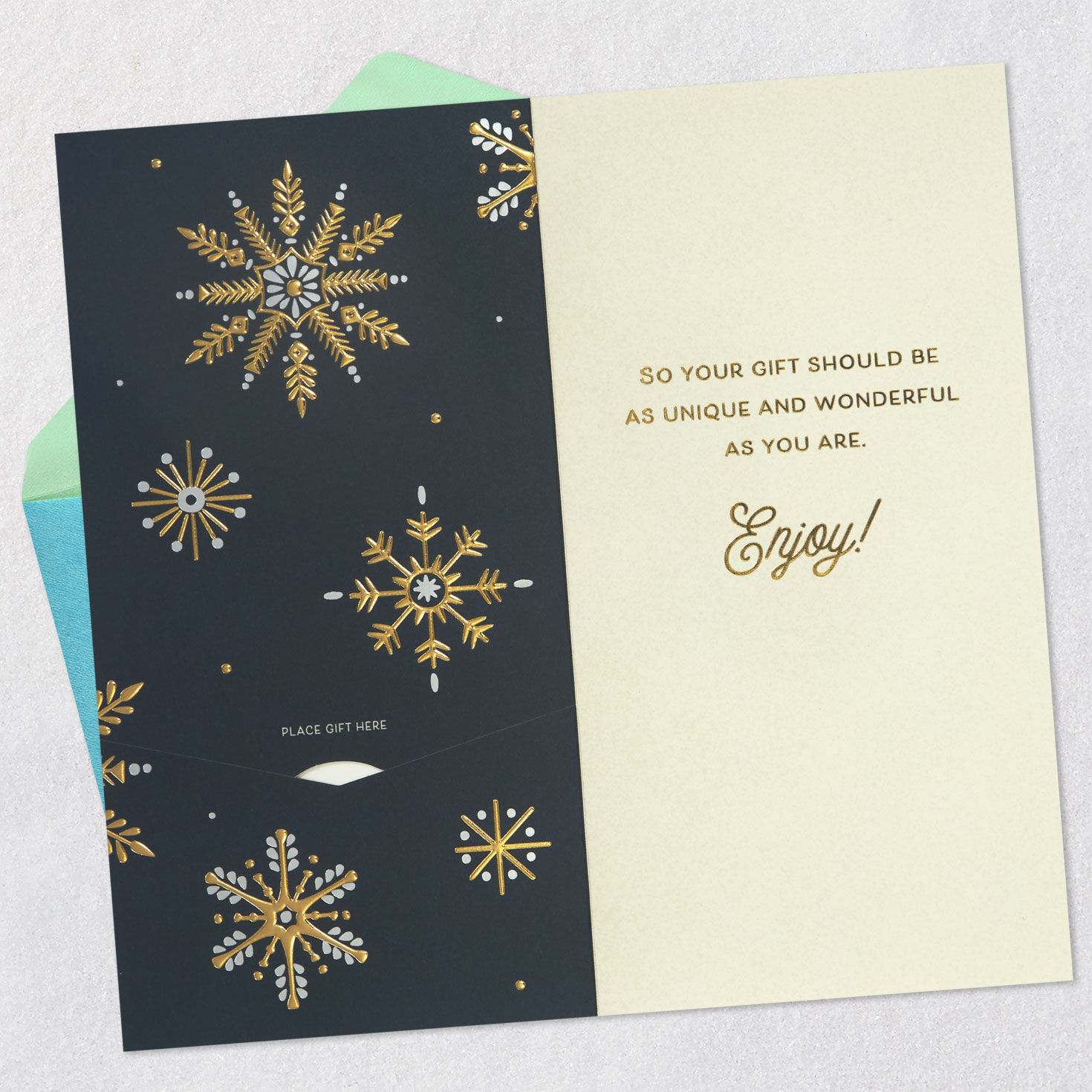 Gold and Silver Snowflakes on Black Christmas Money Holder Open card with envelope image number 4