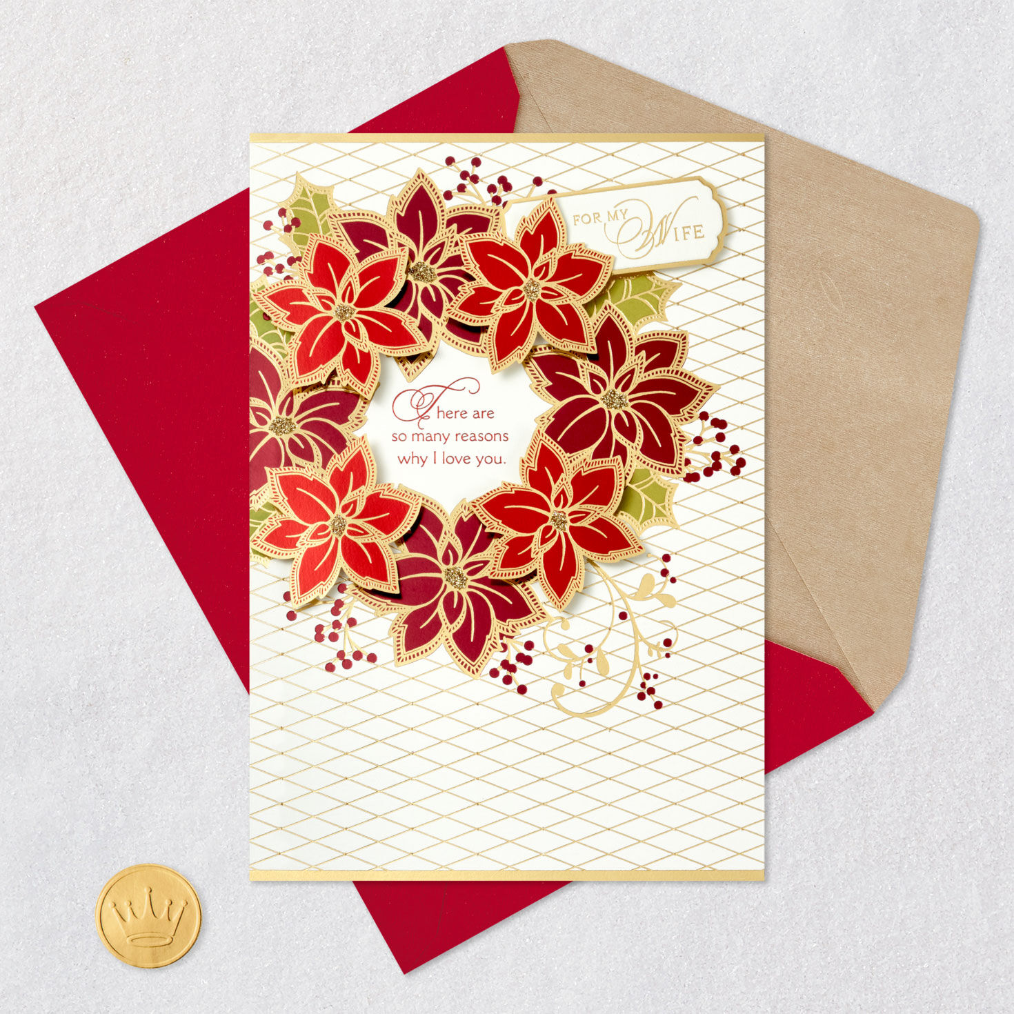Poinsettia Flower Wreath Wife Christmas Card Card Front with Envelope and Gold Seal image number 7