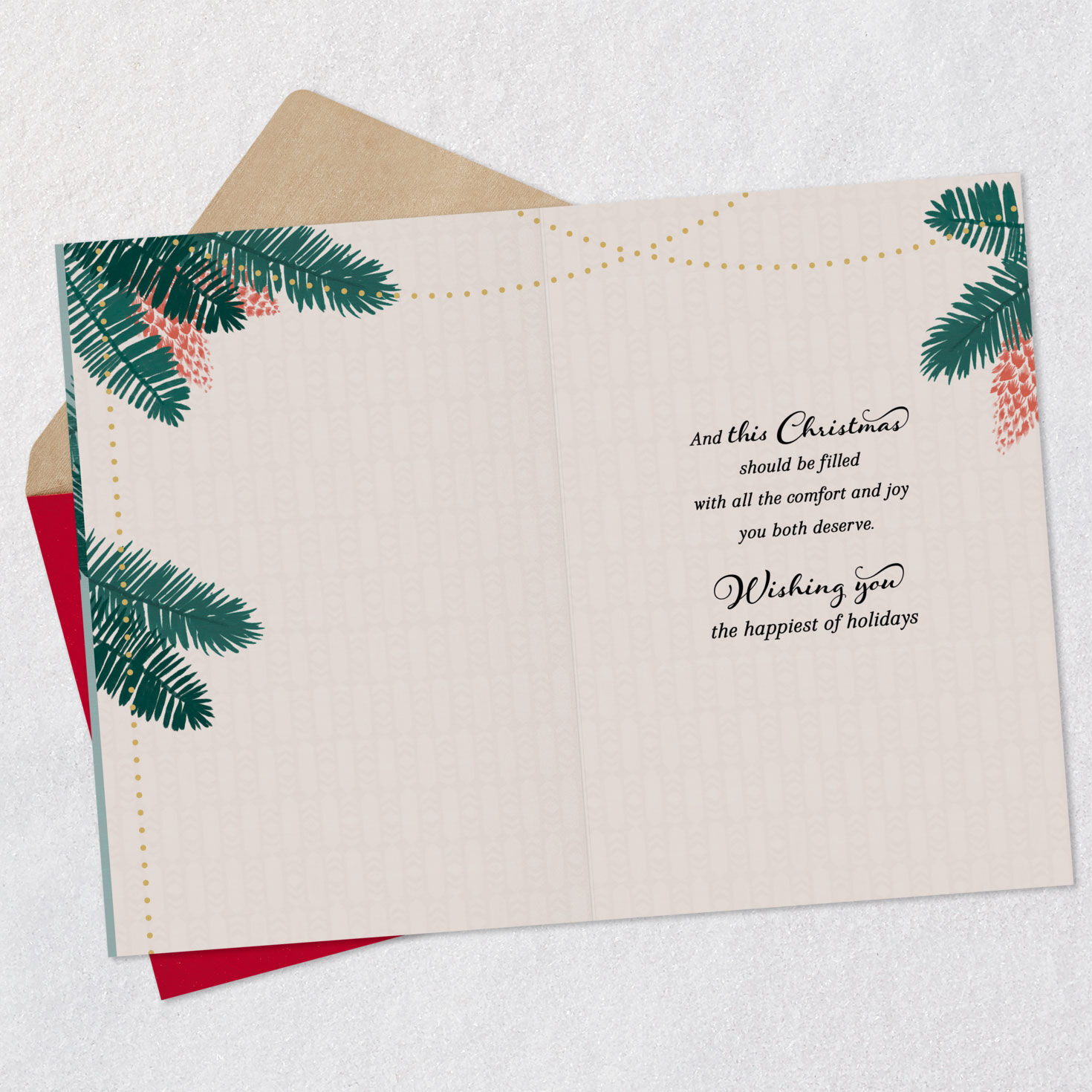 Painted White Poinsettia Ornament Christmas Card for Couple Open card with envelope image number 3