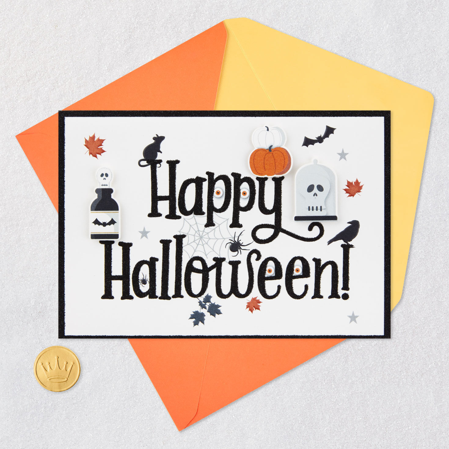 Skulls and Leaves Black and White Halloween Card Card Front with Envelope and Gold Seal image number 5