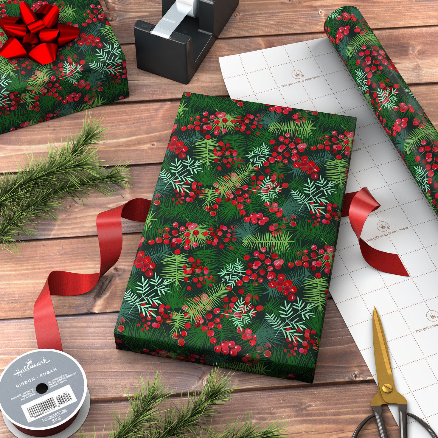 Pine and Berry Collage Jumbo Christmas Gift Wrap in use image number 3