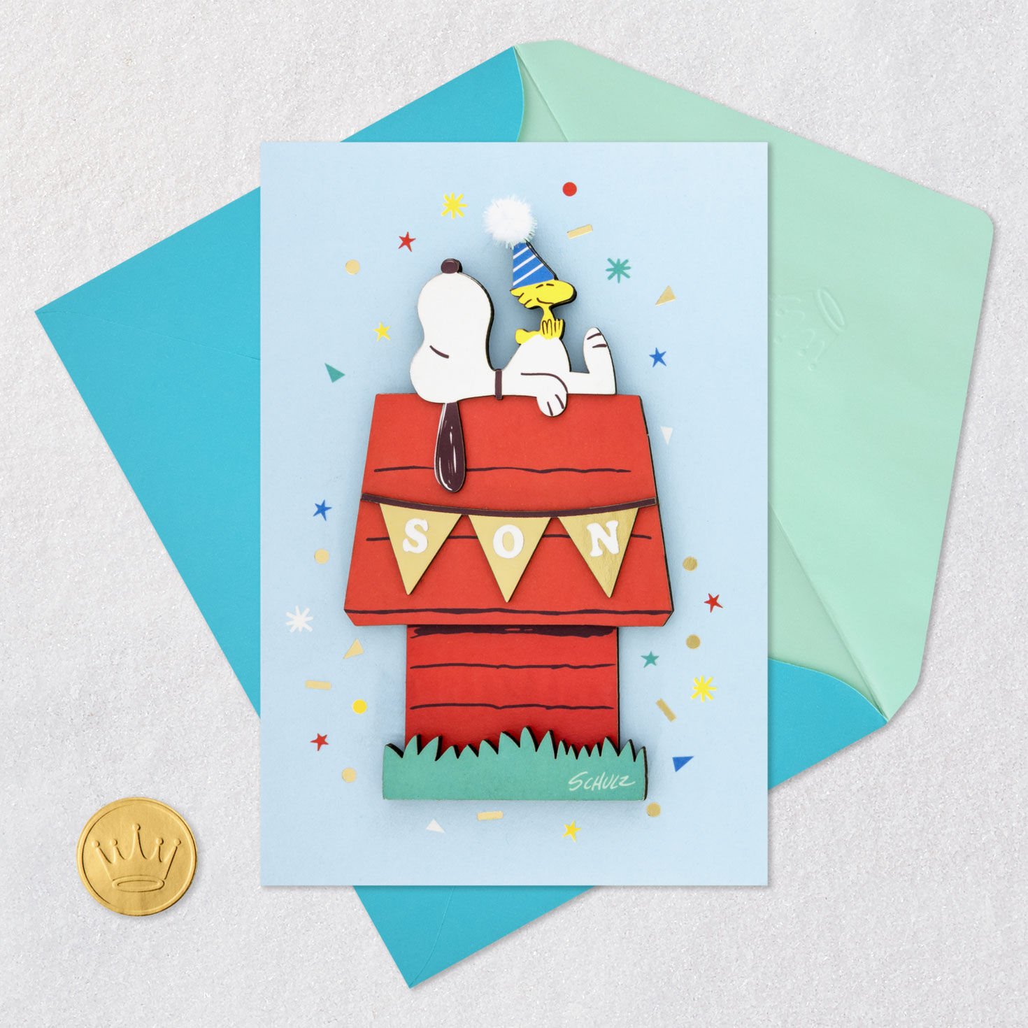 Snoopy Sleeping on Red Doghouse Son Birthday Card Card Front with Envelope and Gold Seal image number 5