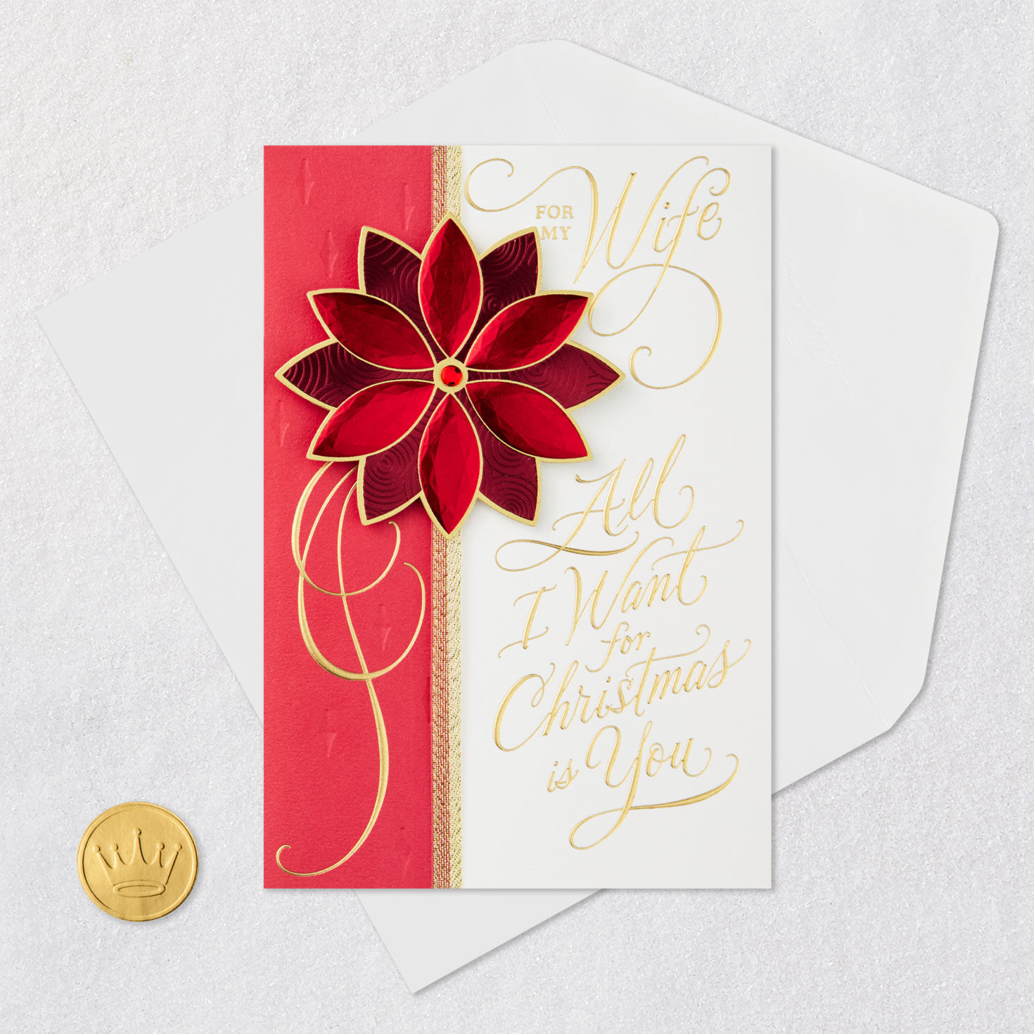 Red Poinsettia Romantic Christmas Card for Wife Card Front with Envelope and Gold Seal image number 6