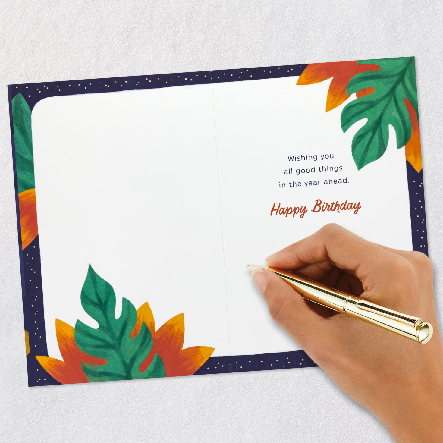 Blue Monstera Leaves with Cake Birthday Card Signing card image number 6