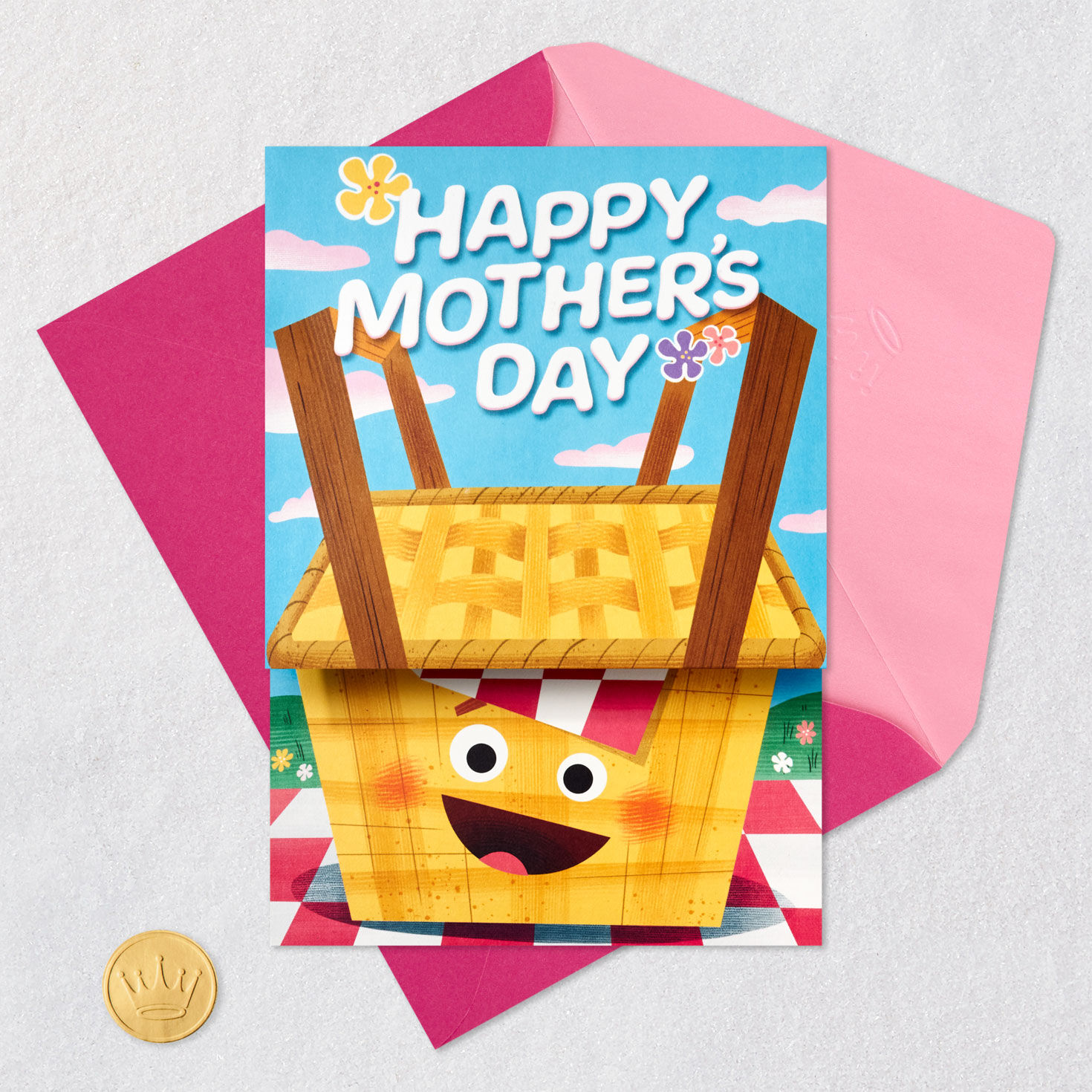 Smiling Picnic Basket Funny Pop-Up Mothers Day Card Card Front with Envelope and Gold Seal image number 5
