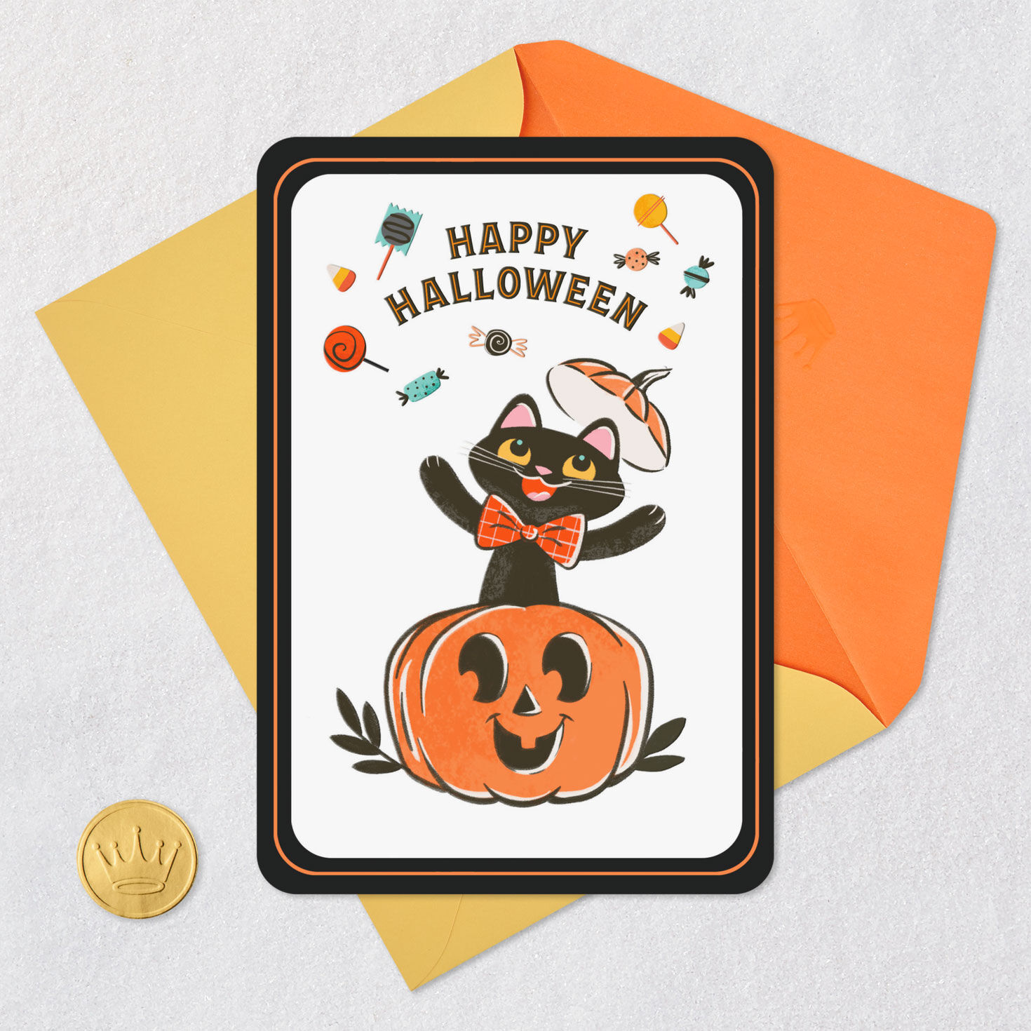 Retro Cat in Pumpkin Kids Halloween Card Card Front with Envelope and Gold Seal image number 5