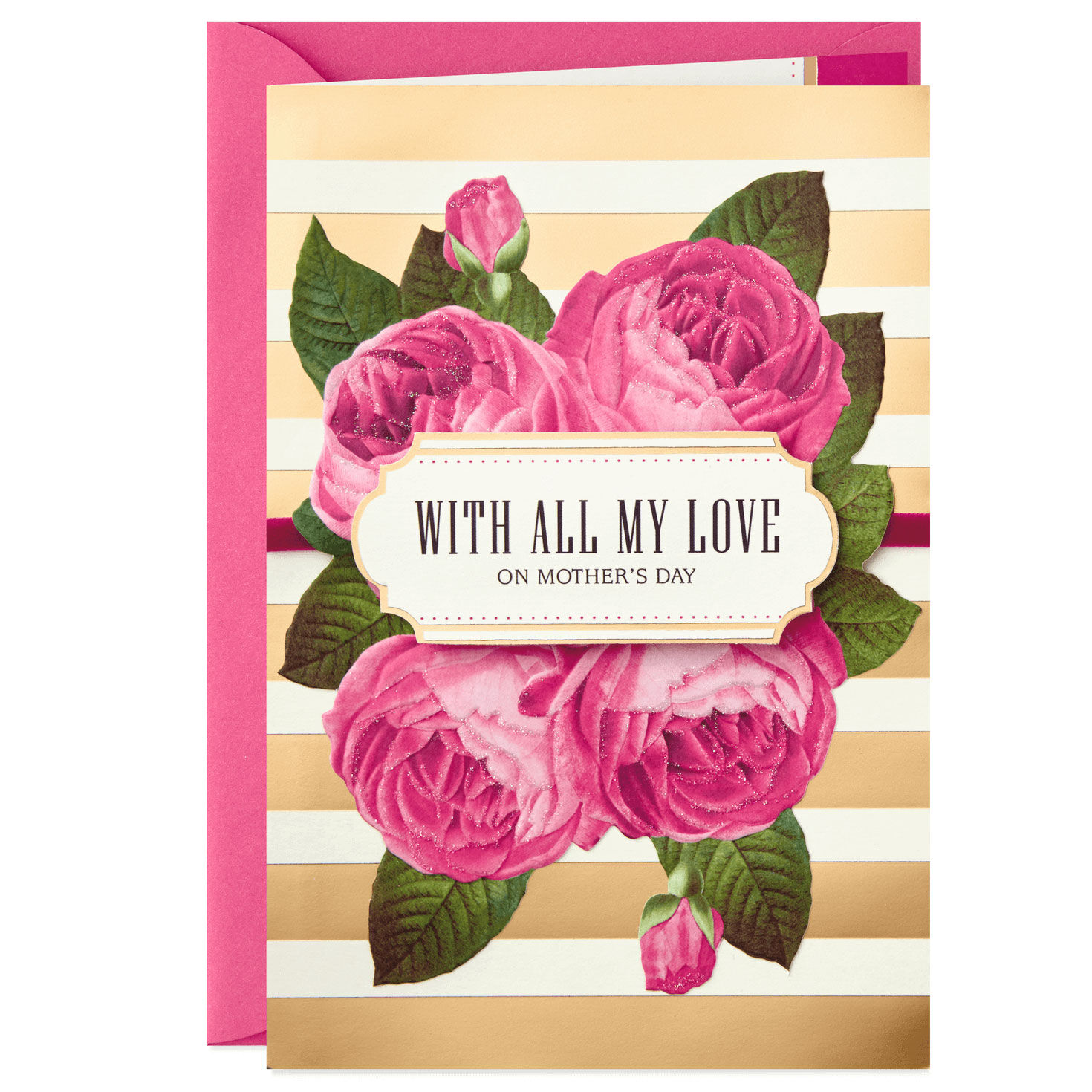 Pink Roses and Gold Stripes Romantic Mother's Day Card Card Front image number 1