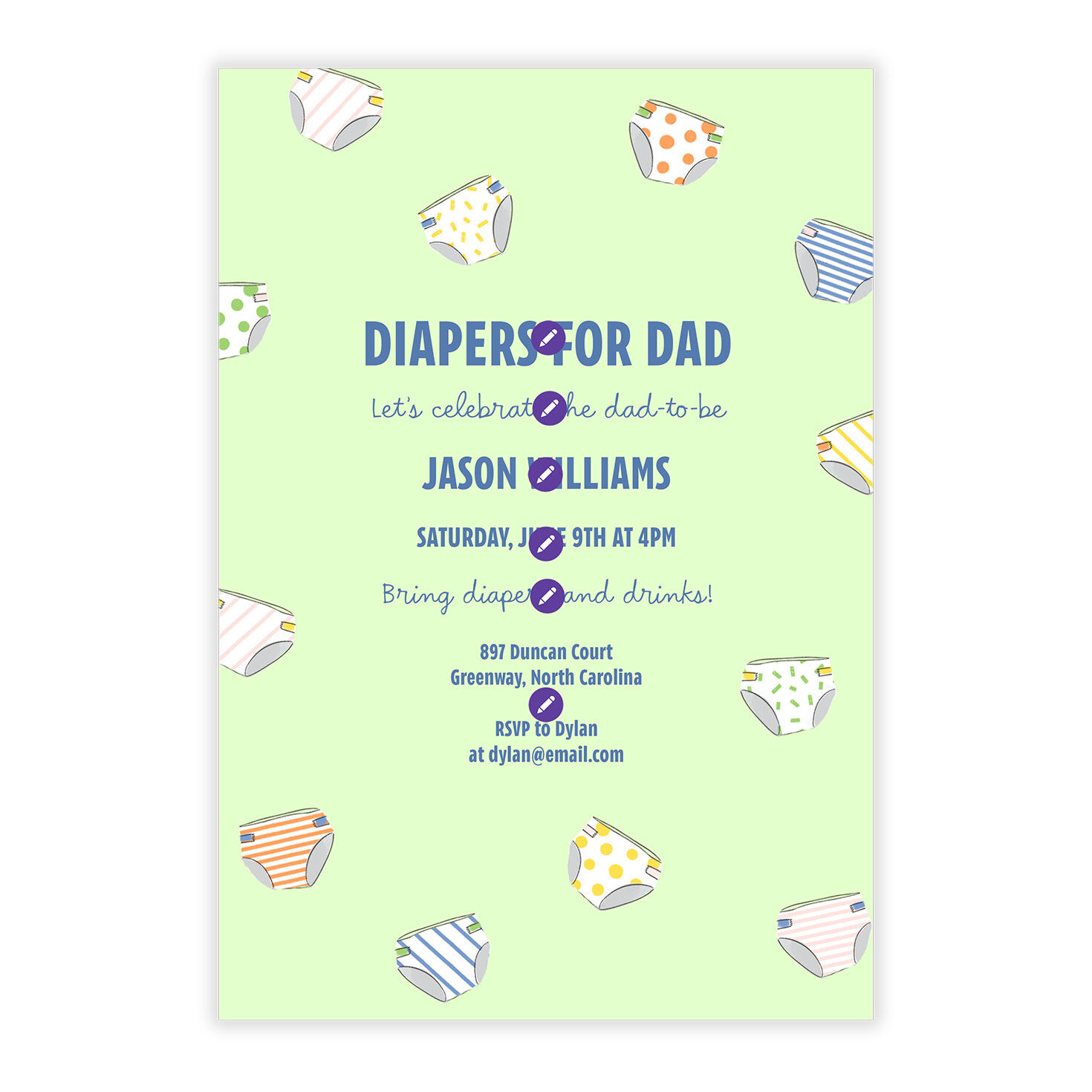 Colored Diapers Personalized Baby Shower Invite Card Front indicating personalization image number 5