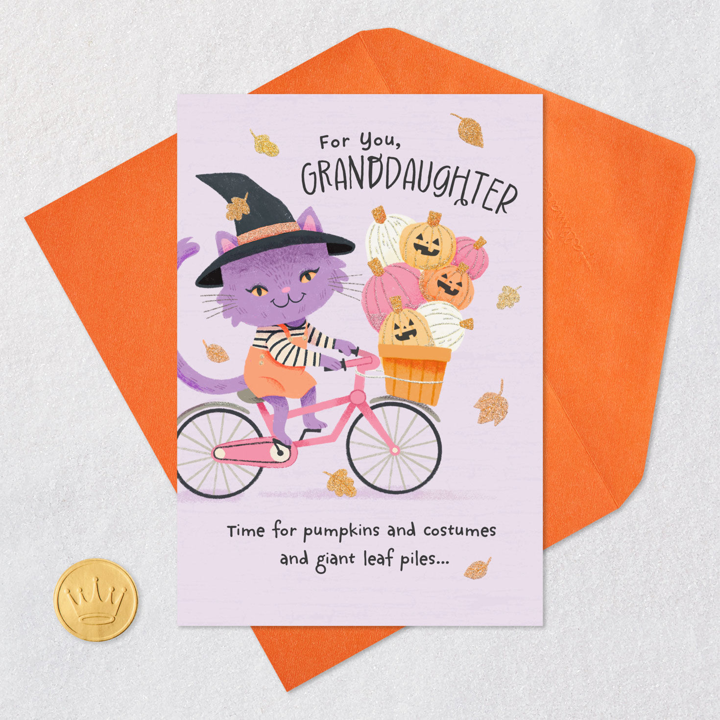 Cat on Bike Halloween Card for Granddaughter Card Front with Envelope and Gold Seal image number 5