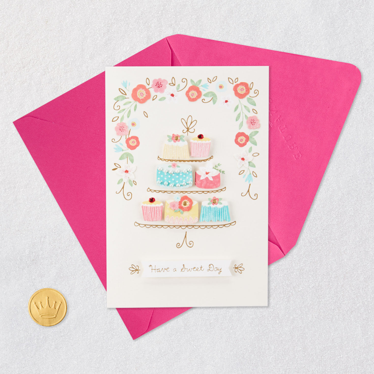 Cake Display and Flowers Birthday Card Card Front with Envelope and Gold Seal image number 5