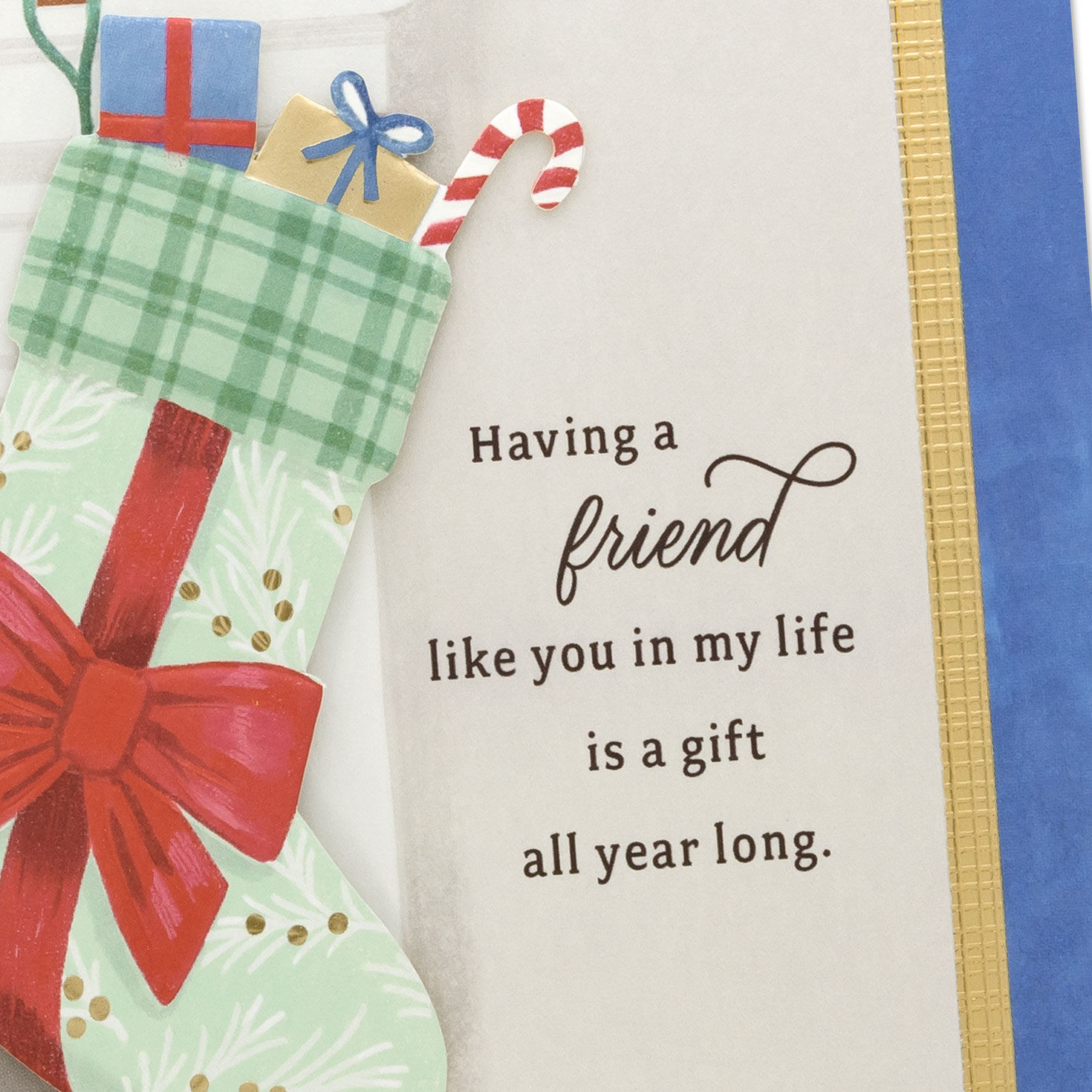 Green Plaid Stocking Christmas Card for Friend Card Front Detail image number 5