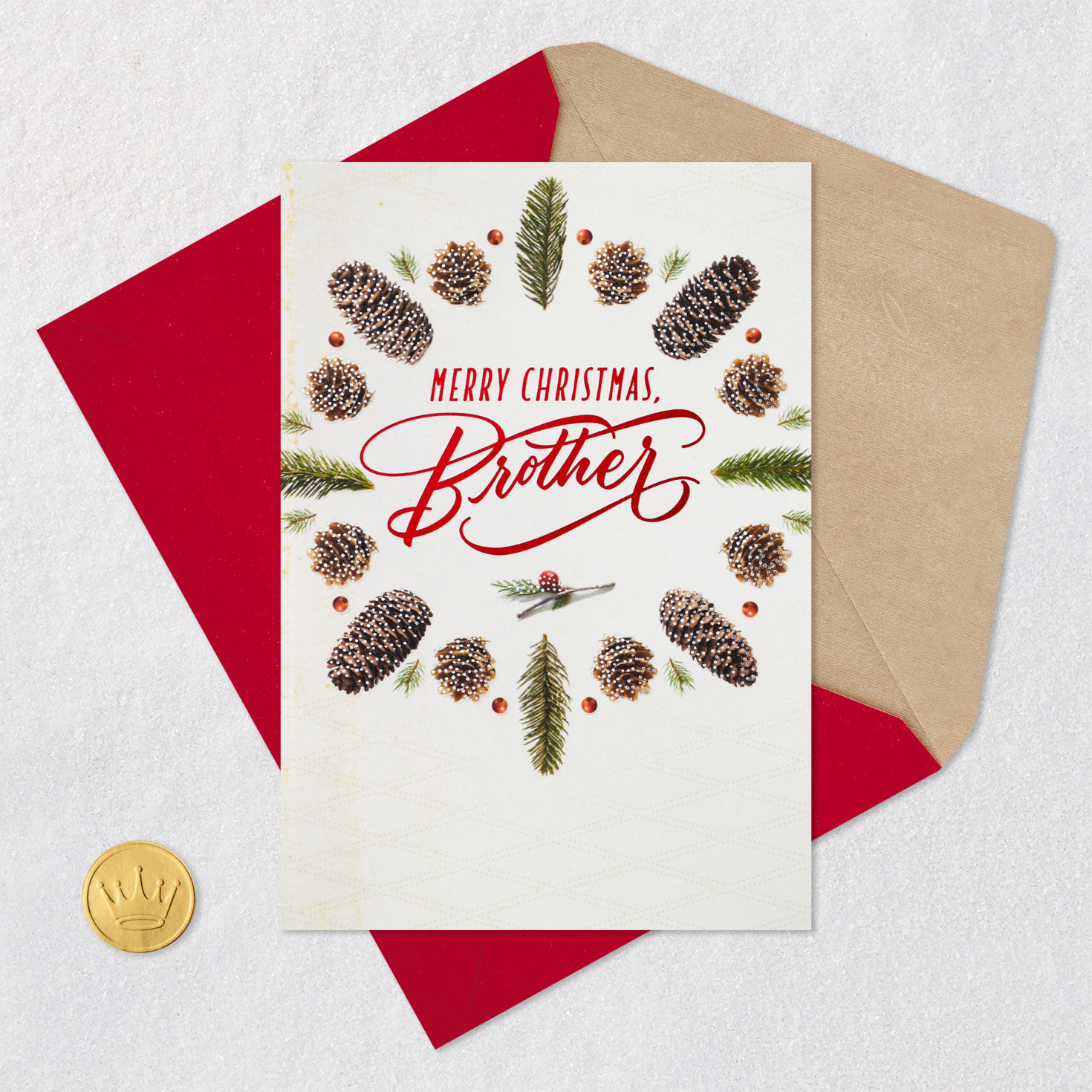 Pinecone Wreath Christmas Card for Brother Card Front with Envelope and Gold Seal image number 6