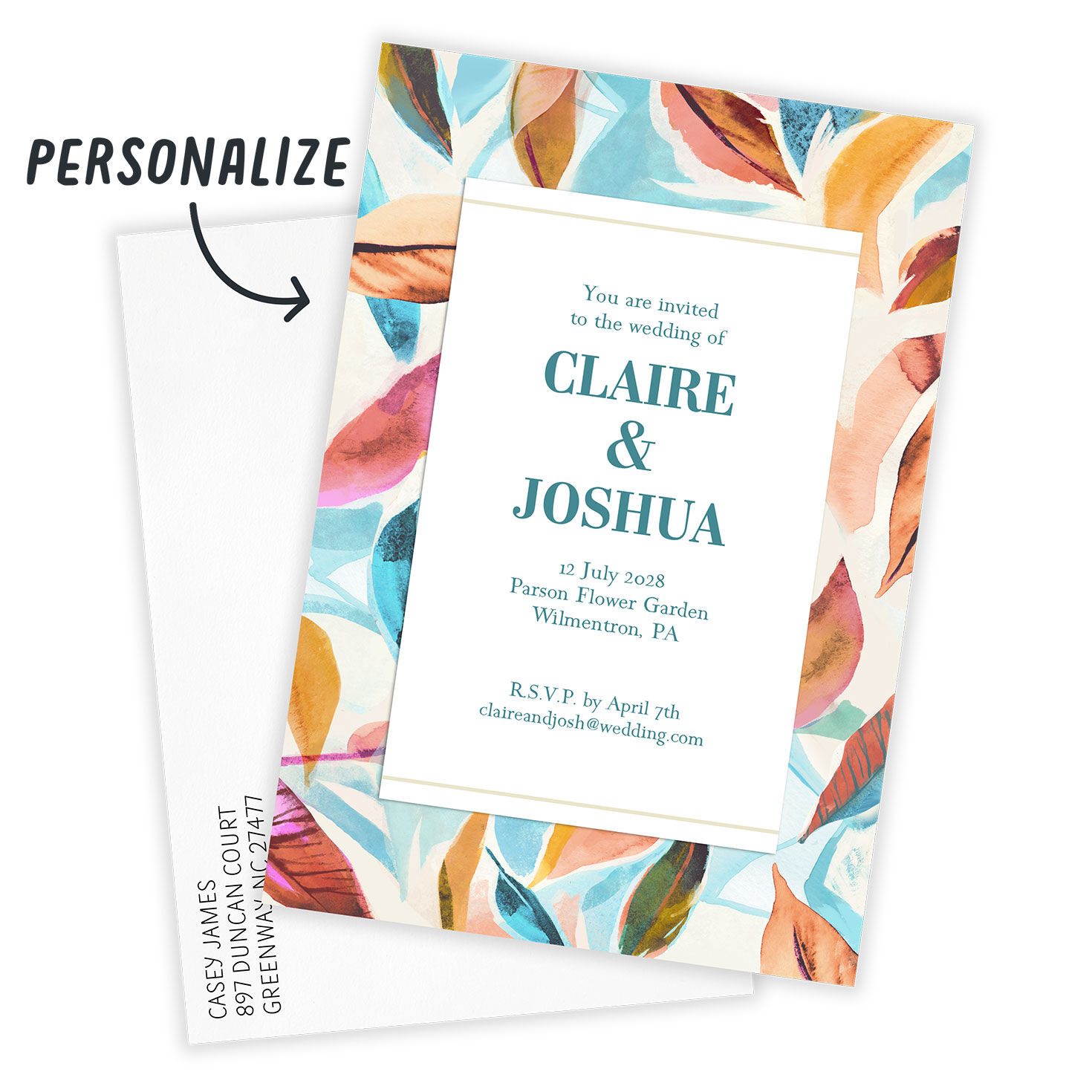 Colored Leaves Border Personalized Wedding Invitation Card Front indicating personalization image number 2