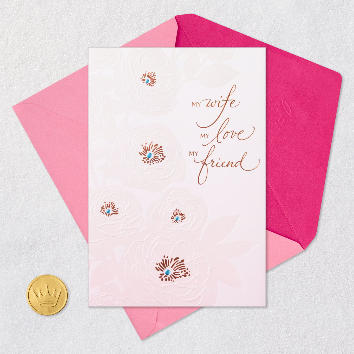 Elegant Roses on Pink Birthday Card for Wife Card Front with Envelope and Gold Seal image number 6