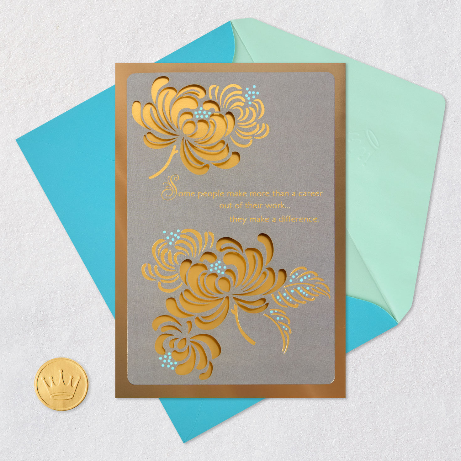 Gold Foil Flowers on Gray Retirement Card Card Front with Envelope and Gold Seal image number 5