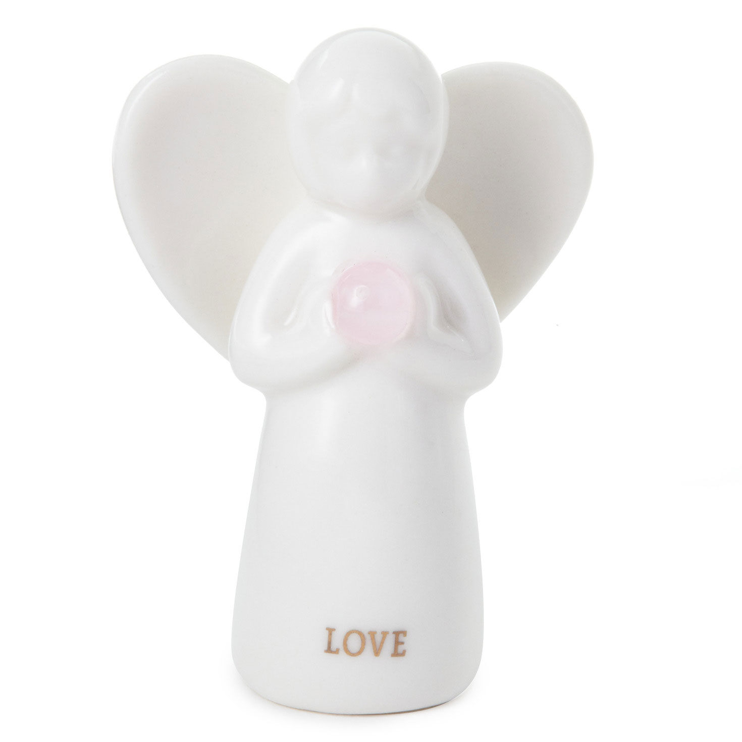 A white angel figurine holding a pink orb